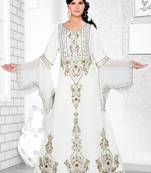 Off White Embroidered Faux Georgette Kaftan