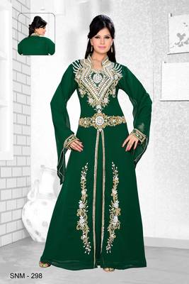 Bottle Green Embroidered Faux Georgette Kaftan 1