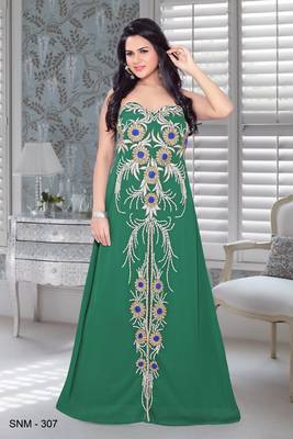 Bottle Green Faux Georgette Embroidered Fustan 1