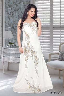 Off White Faux Georgette Embroidered Fustan 1