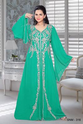 Sea Green Faux Georgette Embroidered Kaftans 1