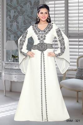Off White Faux Georgette Embroidered Kaftans 1