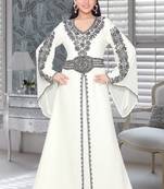 Off White Faux Georgette Embroidered Kaftans