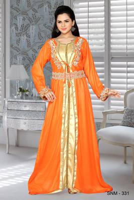 Orange And Golden Satin Faux Georgette Embroidered Kaftans 1