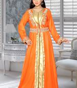 Orange And Golden Satin Faux Georgette Embroidered Kaftans