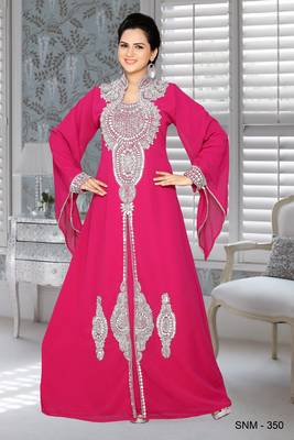 Fuchsia Pink Faux Georgette Embroidered Kaftans 1