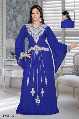 Royal Blue Faux Georgette Embroidered Kaftans 1