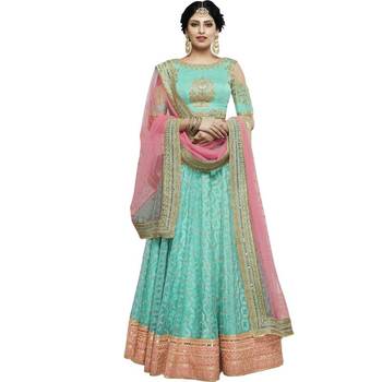 Sky blue embroidered net unstitched lehenga with dupatta 1