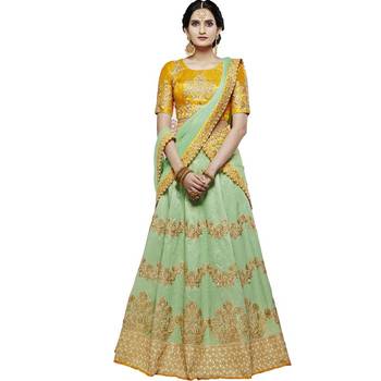 Lime Embroidered Silk Unstitched Lehenga With Dupatta 1