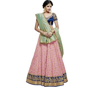 Pink Embroidered Silk Unstitched Lehenga With Dupatta 1