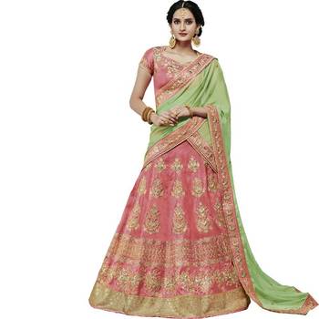 Peach Embroidered Silk Unstitched Lehenga With Dupatta 1