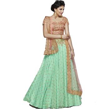 Light green embroidered net unstitched lehenga with dupatta 1