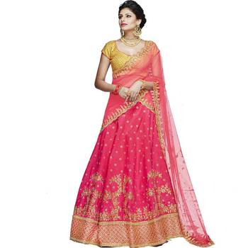 Rani Pink Embroidered Silk Unstitched Lehenga With Dupatta 1