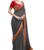 Grey embroidered art dupion silk saree with blouse