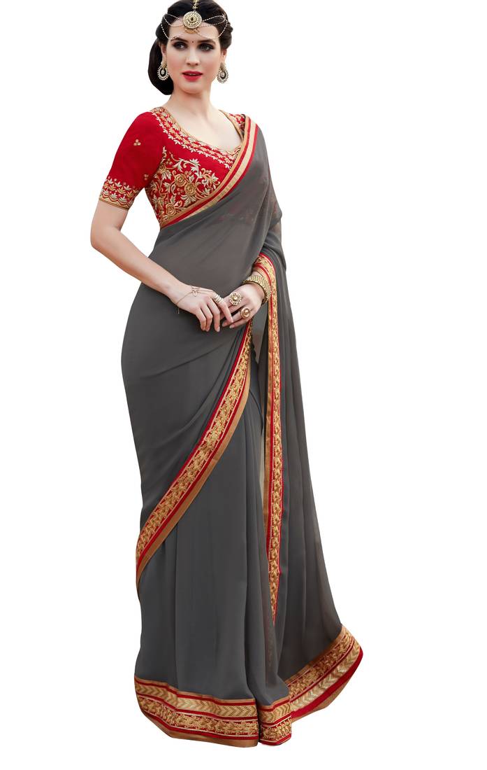 Grey embroidered art dupion silk saree with blouse