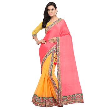 Pink embroidered satin saree with blouse 1