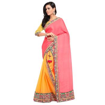 Pink embroidered satin saree with blouse 2