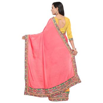 Pink embroidered satin saree with blouse 3