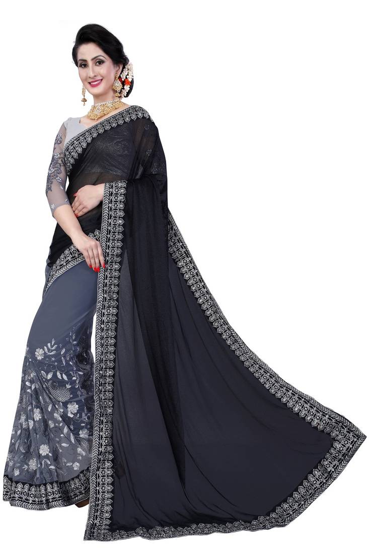 Women's Net Cream Embroidered Designer Saree With Blouse Piece