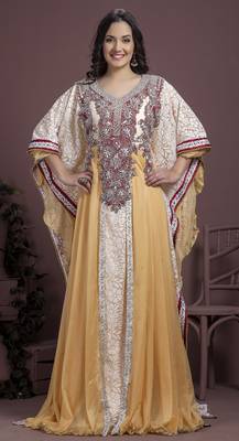Off White And Maroon Georgette And Crepe Sequins And Stones Islamic Kaftans 1