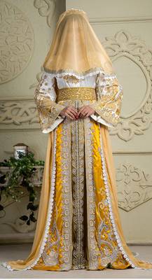 Yellow And White Crepe And Silk And Georgette And Satin And Net Sequins And Stones Islamic Kaftans 1