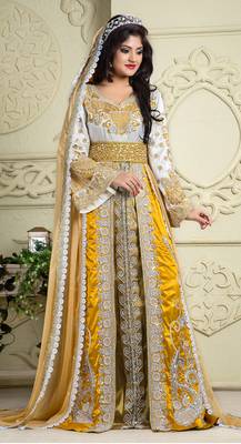 Yellow And White Crepe And Silk And Georgette And Satin And Net Sequins And Stones Islamic Kaftans 2