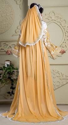 Yellow And White Crepe And Silk And Georgette And Satin And Net Sequins And Stones Islamic Kaftans 3