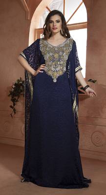 Dark Blue Crepe And Brasso Resham And Sequins And Lace And Stones Islamic Kaftans 1