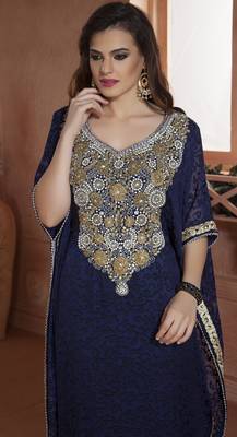 Dark Blue Crepe And Brasso Resham And Sequins And Lace And Stones Islamic Kaftans 2