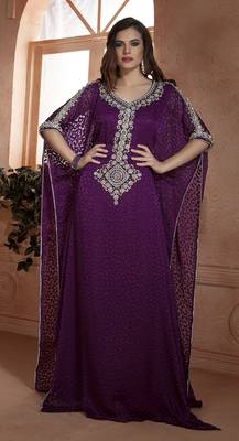 Dark Magenta Crepe And Brasso Resham And Sequins And Lace And Stones Islamic Kaftans 1