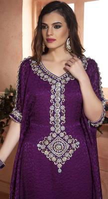 Dark Magenta Crepe And Brasso Resham And Sequins And Lace And Stones Islamic Kaftans 2