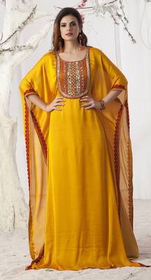 Golden Yellow Satin And Chiffon And  Crepe Resham And Sequins And Lace And Stones Islamic Kaftans 1