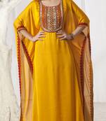 Golden Yellow Satin And Chiffon And  Crepe Resham And Sequins And Lace And Stones Islamic Kaftans