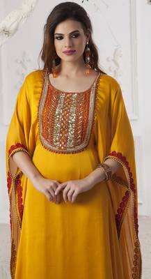 Golden Yellow Satin And Chiffon And  Crepe Resham And Sequins And Lace And Stones Islamic Kaftans 2