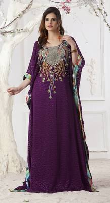 Dark Magenta Crepe And Brasso Stones And Sequins And Lace And Resham Islamic Kaftans 1
