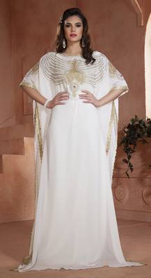Off White Crepe And Georgette Stones And Sequins And Lace And Resham Islamic Kaftans 1