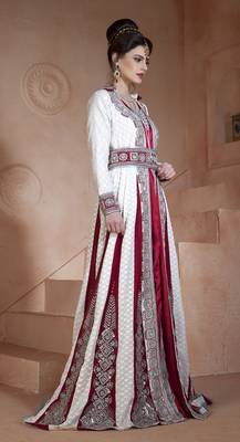 Off White And Maroon Crepe And Georgette And Silk And Brasso Stones And Sequins And Lace And Resham Islamic Kaftans 3