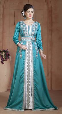 Dark See Green And White Silk Thread Work And Lace Islamic Kaftans 1