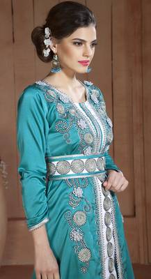 Dark See Green And White Silk Thread Work And Lace Islamic Kaftans 3