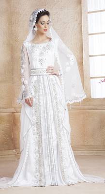 White Satin Silk And Net Stones And Sequins And Lace And Resham And Ribbon Work Islamic Kaftans 1