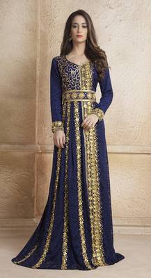 Crepe Dark Blue Stone And Lace Work Islamic Kaftans 1