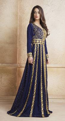 Crepe Dark Blue Stone And Lace Work Islamic Kaftans 2