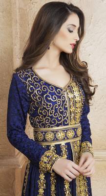 Crepe Dark Blue Stone And Lace Work Islamic Kaftans 3