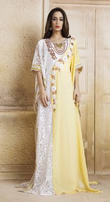 Yellow And Ivory And White Georgette And Net Stones And Sequins And Lace And Resham And Ribbon Work Islamic Kaftans 1