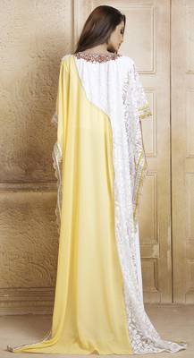 Yellow And Ivory And White Georgette And Net Stones And Sequins And Lace And Resham And Ribbon Work Islamic Kaftans 2