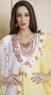 Yellow And Ivory And White Georgette And Net Stones And Sequins And Lace And Resham And Ribbon Work Islamic Kaftans 3