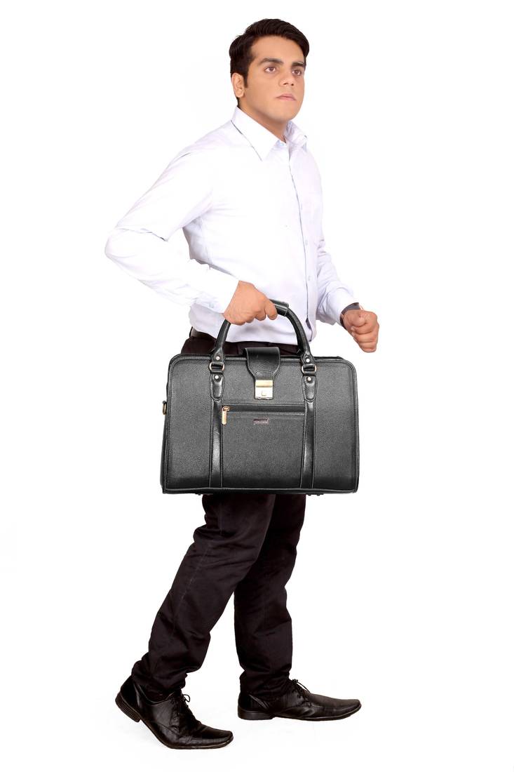 Black genuine leather formal designer laptop bags