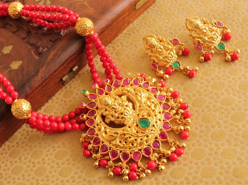 Beautiful Matte Finish Lakshmi Coral Necklace Set