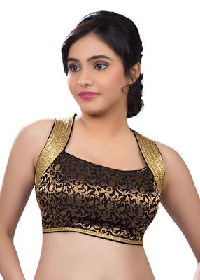 Black Brocade Sleeveless Unstitched Blouse 1