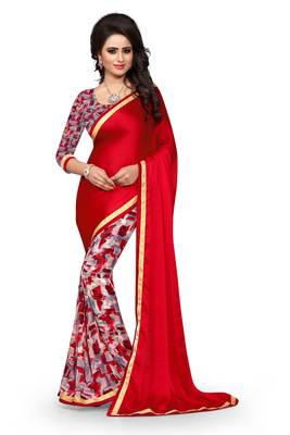 Red woven georgette saree with blouse 1